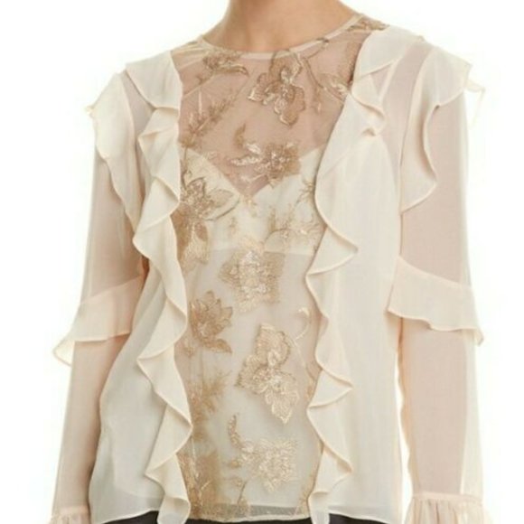 New* BCBG MAXAZRIA Floral Embroidered Ruffle Top Cream/Gold Color Size XS $228 - Picture 6 of 7